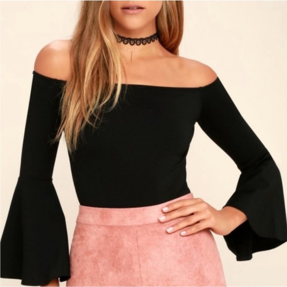 Lulus Black Bell Sleeve Off the Shoulder Bodysuit